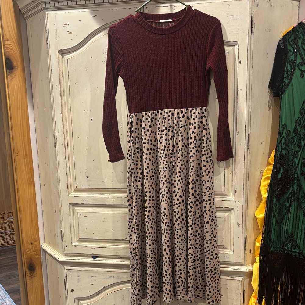 Retro Chic Burgundy and Tan Midi Dress